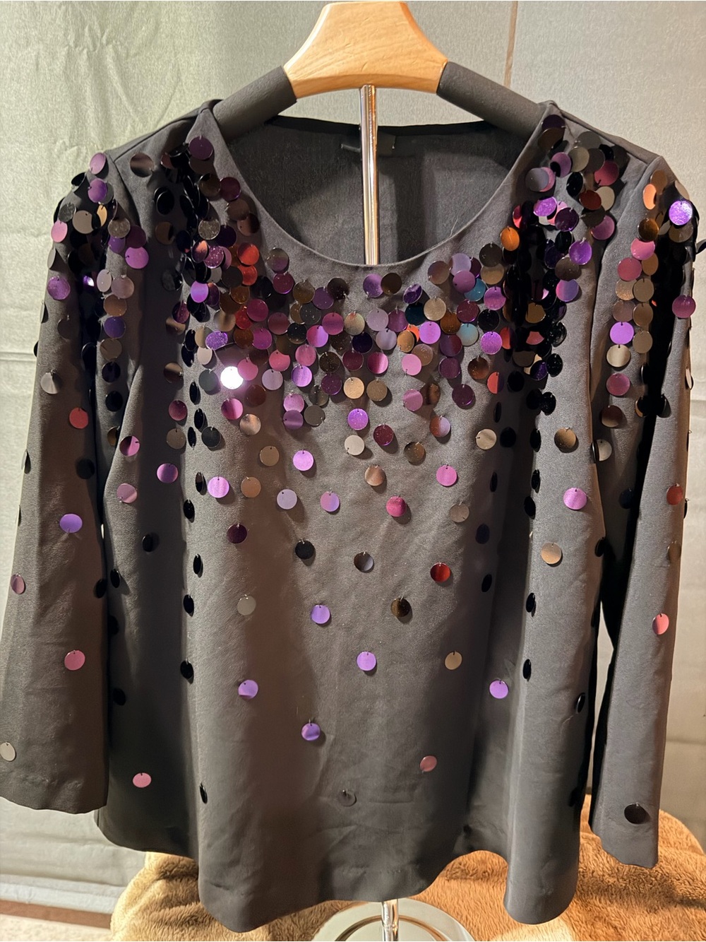 Alfani Black Long-Sleeve Top with Iridescent Sequin Dots